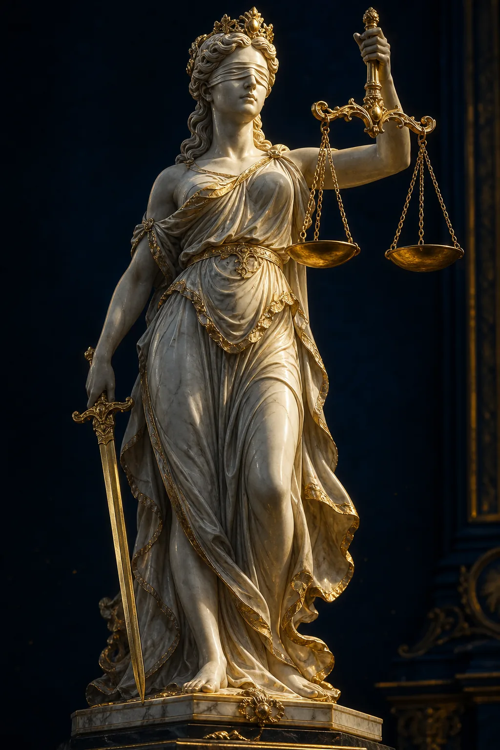 Lady Justice — Blindfolded statue with sword and scales, symbolizing fairness and protection